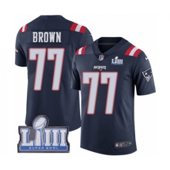 Men's Nike New England Patriots 77 Trent Brown Limited Navy Blue Rush Vapor Untouchable Super Bowl LIII Bound NFL Jersey