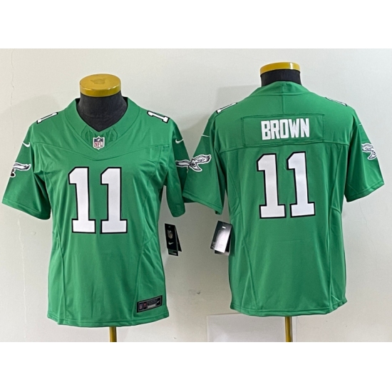 Women's Nike Philadelphia Eagles 11 A.J. Brown Green 2023 F.U.S.E. Vapor Limited Throwback Stitched Football Jersey
