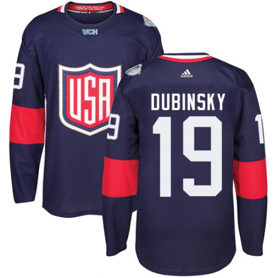 Youth Adidas Team USA 19 Brandon Dubinsky Authentic Navy Blue Away 2016 World Cup Ice Hockey Jersey