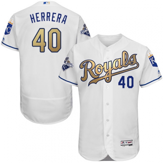Men's Majestic Kansas City Royals 40 Kelvin Herrera Authentic White 2015 World Series Champions Gold Program FlexBase MLB Jersey