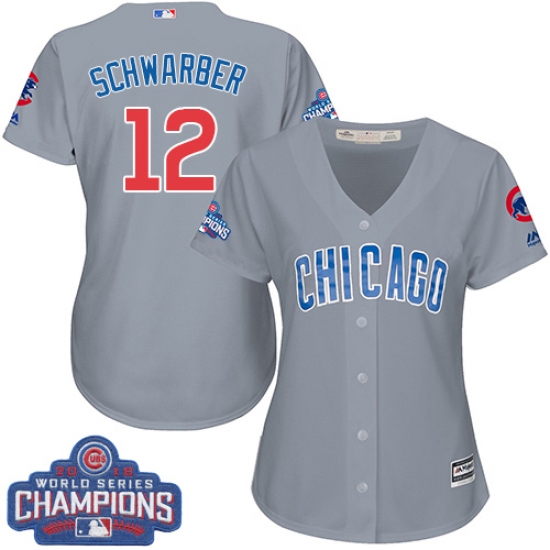 Women's Majestic Chicago Cubs 12 Kyle Schwarber Authentic Grey Road 2016 World Series Champions Cool Base MLB Jersey