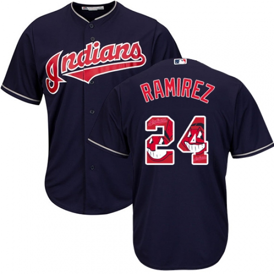 Men's Majestic Cleveland Indians 24 Manny Ramirez Authentic Navy Blue Team Logo Fashion Cool Base MLB Jersey