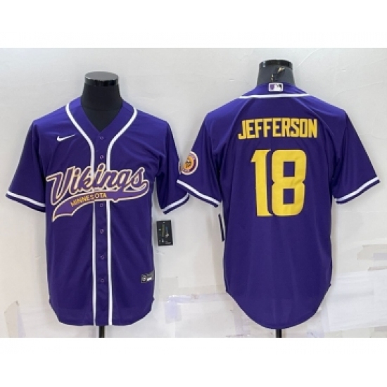 Men's Minnesota Vikings 18 Justin Jefferson Purple Yellow With Patch Cool Base Stitched Baseball Jersey