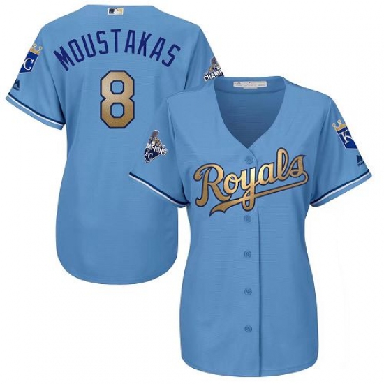 Women's Majestic Kansas City Royals 8 Mike Moustakas Authentic Light Blue 2015 World Series Champions Gold Program Cool Base MLB Jersey