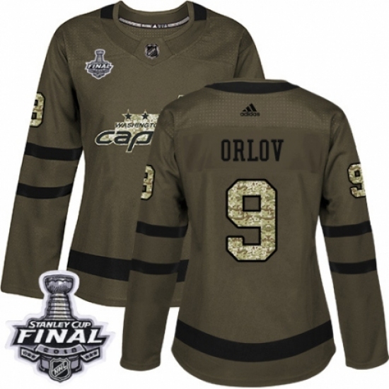 Women's Adidas Washington Capitals 9 Dmitry Orlov Authentic Green Salute to Service 2018 Stanley Cup Final NHL Jersey