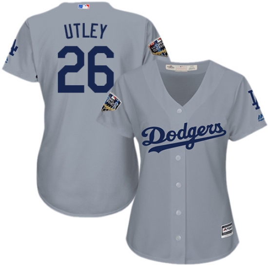 Women's Majestic Los Angeles Dodgers 26 Chase Utley Authentic Grey Road Cool Base 2018 World Series MLB Jersey