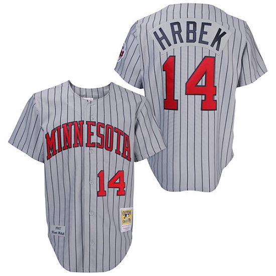 Men's Mitchell and Ness 1987 Minnesota Twins 14 Kent Hrbek Authentic Grey Throwback MLB Jersey