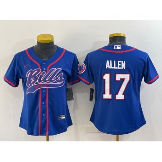 Women's Buffalo Bills 17 Josh Allen Blue With Patch Cool Base Stitched Baseball Jersey