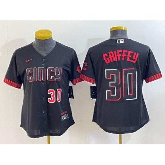 Women's Cincinnati Reds 30 Ken Griffey Jr Number Black 2023 City Connect Cool Base Stitched Jersey