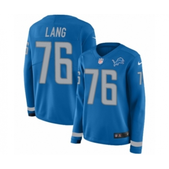 Women's Nike Detroit Lions 76 T.J. Lang Limited Blue Therma Long Sleeve NFL Jersey