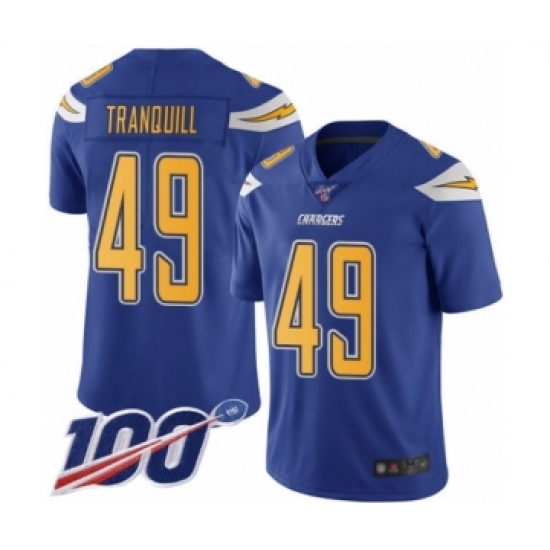 Men's Los Angeles Chargers 49 Drue Tranquill Limited Electric Blue Rush Vapor Untouchable 100th Season Football Jersey