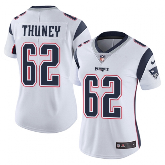 Women's Nike New England Patriots 62 Joe Thuney White Vapor Untouchable Limited Player NFL Jersey