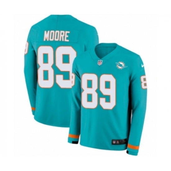Youth Nike Miami Dolphins 89 Nat Moore Limited Aqua Therma Long Sleeve NFL Jersey