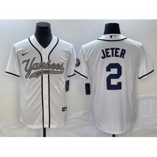Men's New York Yankees 2 Derek Jeter White Cool Base Stitched Baseball Jersey