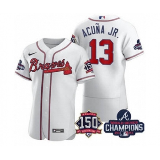 Men's Atlanta Braves 13 Ronald Acuna Jr. 2021 White World Series Champions With 150th Anniversary Flex Base Stitched Jersey