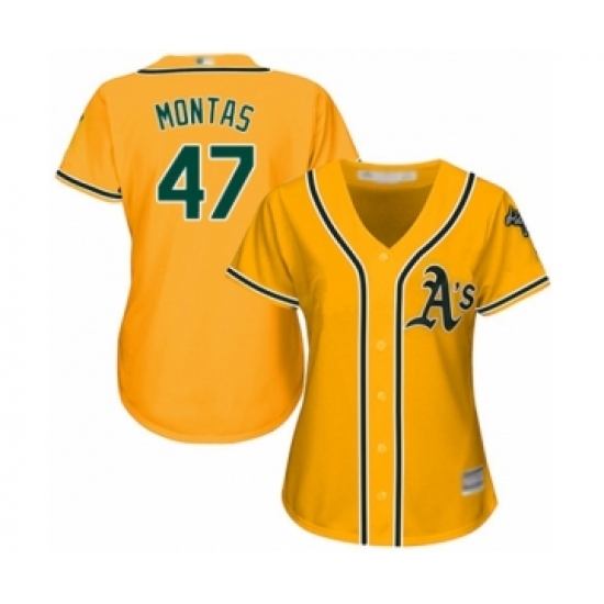 Women's Oakland Athletics 47 Frankie Montas Authentic Gold Alternate 2 Cool Base Baseball Player Jersey