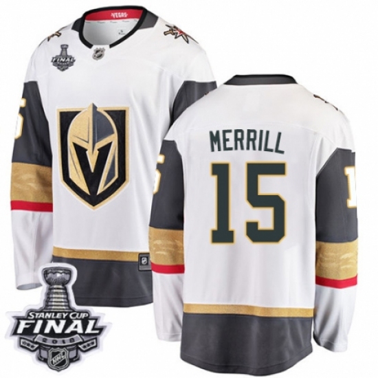 Men's Vegas Golden Knights 15 Jon Merrill Authentic White Away Fanatics Branded Breakaway 2018 Stanley Cup Final NHL Jersey