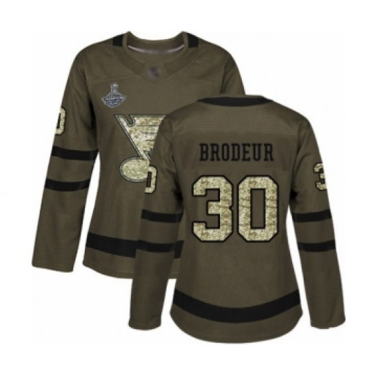 Women's St. Louis Blues 30 Martin Brodeur Authentic Green Salute to Service 2019 Stanley Cup Champions Hockey Jersey