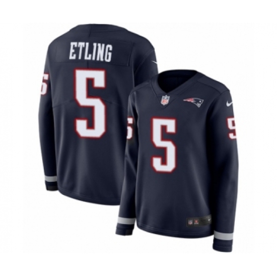 Women's Nike New England Patriots 5 Danny Etling Limited Navy Blue Therma Long Sleeve NFL Jersey