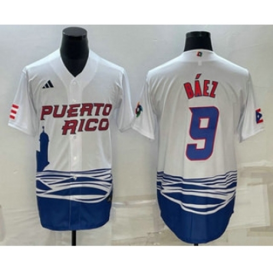 Men's Puerto Rico Baseball 9 Javier Baez White 2023 World Baseball Classic Stitched Jersey