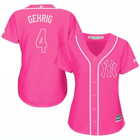 Women's Majestic New York Yankees 4 Lou Gehrig Authentic Pink Fashion Cool Base MLB Jersey
