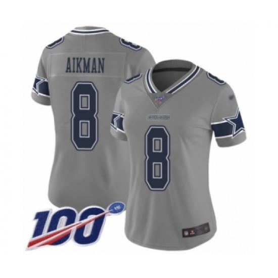Women's Dallas Cowboys 8 Troy Aikman Limited Gray Inverted Legend 100th Season Football Jersey