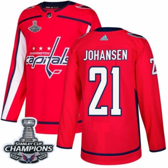 Men's Adidas Washington Capitals 21 Lucas Johansen Premier Red Home 2018 Stanley Cup Final Champions NHL Jersey