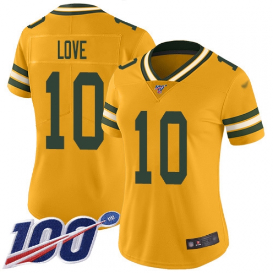 Women's Green Bay Packers 10 Jordan Love Gold Stitched NFL Limited Inverted Legend 100th Season Jersey