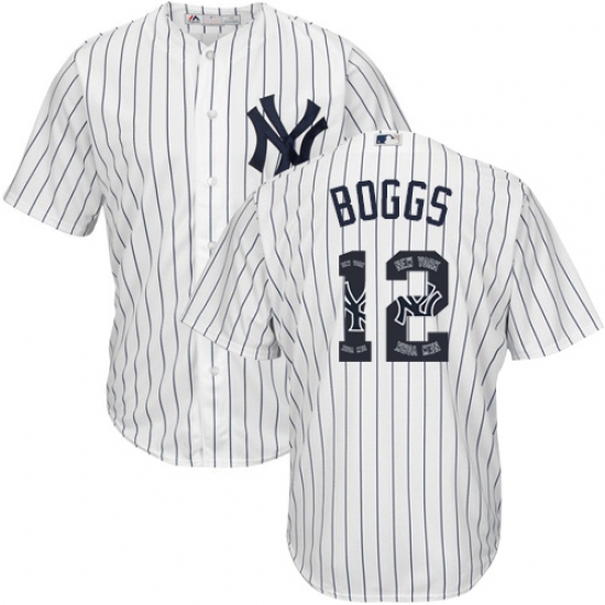 Men's Majestic New York Yankees 12 Wade Boggs Authentic White Team Logo Fashion MLB Jersey