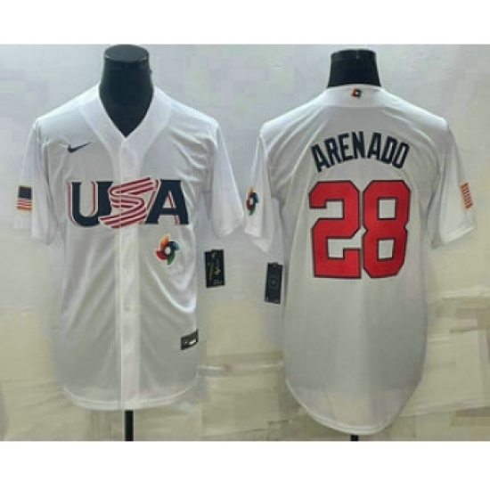 Men's USA Baseball 28 Nolan Arenado Number 2023 White World Baseball Classic Replica Stitched Jersey1