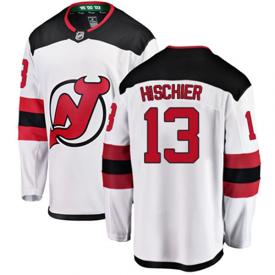 Men's New Jersey Devils 13 Nico Hischier Fanatics Branded White Away Breakaway NHL Jersey