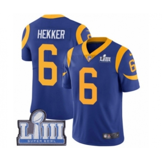 Men's Nike Los Angeles Rams 6 Johnny Hekker Royal Blue Alternate Vapor Untouchable Limited Player Super Bowl LIII Bound NFL Jersey