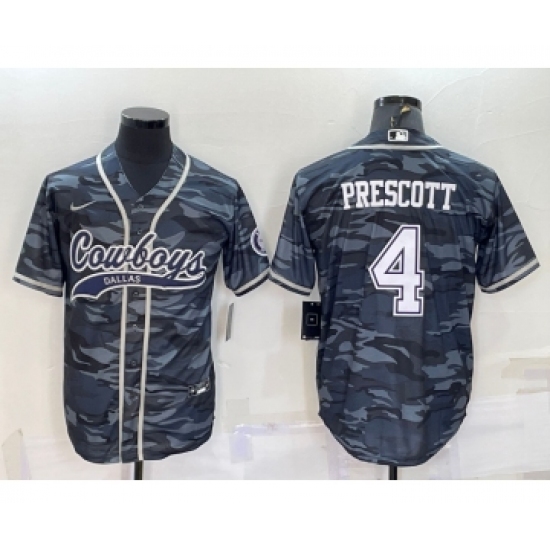 Men's Dallas Cowboys 4 Dak Prescott Grey Camo With Patch Cool Base Stitched Baseball Jersey