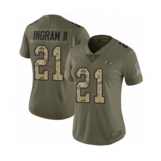 Women's Baltimore Ravens 21 Mark Ingram II Limited Olive Camo Salute to Service Football Jersey