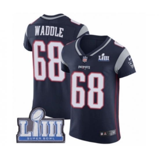 Men's Nike New England Patriots 68 LaAdrian Waddle Navy Blue Team Color Vapor Untouchable Elite Player Super Bowl LIII Bound NFL Jersey