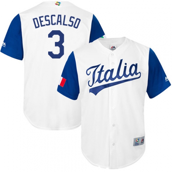 Men's Italy Baseball Majestic 3 Daniel Descalso White 2017 World Baseball Classic Replica Team Jersey