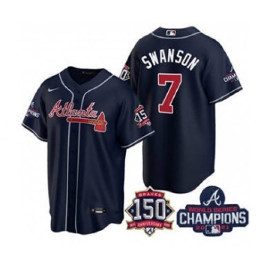 Men's Atlanta Braves 7 Dansby Swanson 2021 Navy World Series Champions With 150th Anniversary Patch Cool Base Stitched Jersey