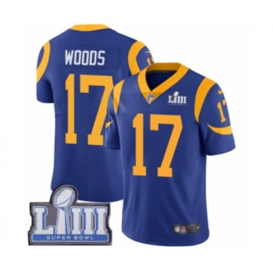 Men's Nike Los Angeles Rams 17 Robert Woods Royal Blue Alternate Vapor Untouchable Limited Player Super Bowl LIII Bound NFL Jersey