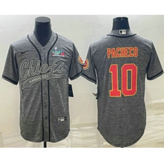 Men's Kansas City Chiefs 10 Isiah Pacheco Grey With Super Bowl LVII Patch Cool Base Stitched Baseball Jersey
