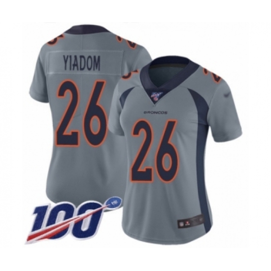 Women's Denver Broncos 26 Isaac Yiadom Limited Silver Inverted Legend 100th Season Football Jersey