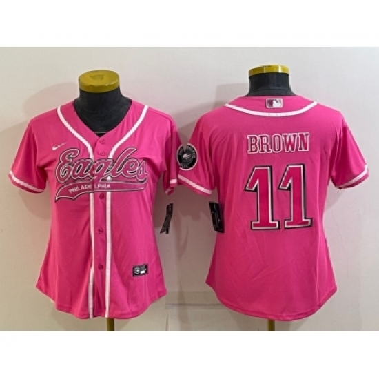 Women's Philadelphia Eagles 11 AJ Brown Pink With Patch Cool Base Stitched Baseball Jersey