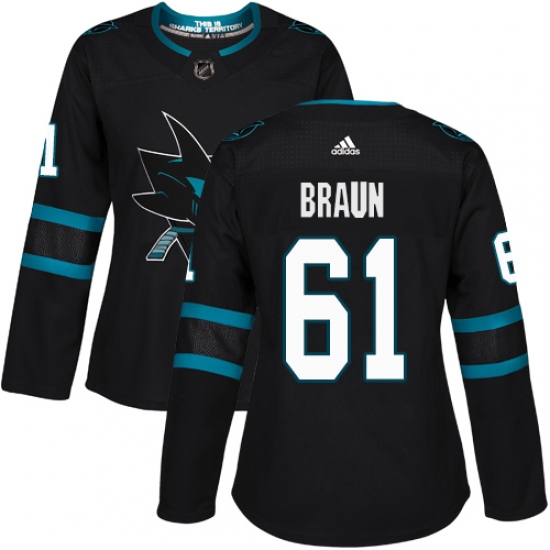 Women's Adidas San Jose Sharks 61 Justin Braun Premier Black Alternate NHL Jersey