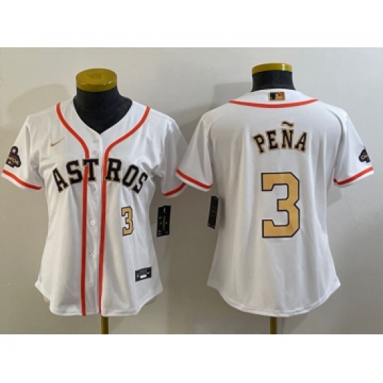 Women's Houston Astros 3 Jeremy Pena Number 2023 White Gold World Serise Champions Cool Base Stitched Jersey
