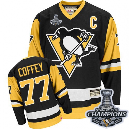 Men's CCM Pittsburgh Penguins 77 Paul Coffey Authentic Black Throwback 2017 Stanley Cup Champions NHL Jersey