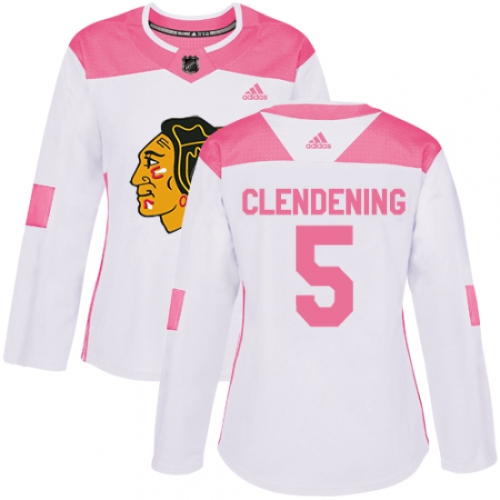 Women's Adidas Chicago Blackhawks 5 Adam Clendening Authentic White Pink Fashion NHL Jersey