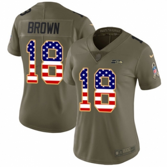 Women's Nike Seattle Seahawks 18 Jaron Brown Limited Olive/USA Flag 2017 Salute to Service NFL Jersey