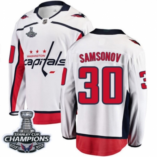 Youth Washington Capitals 30 Ilya Samsonov Fanatics Branded White Away Breakaway 2018 Stanley Cup Final Champions NHL Jersey