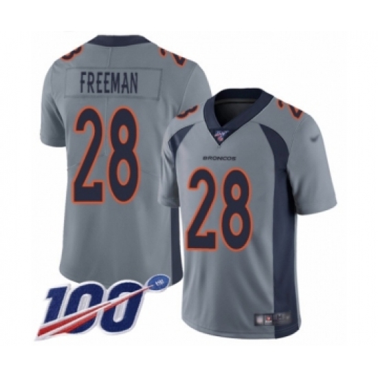 Youth Denver Broncos 28 Royce Freeman Limited Silver Inverted Legend 100th Season Football Jersey