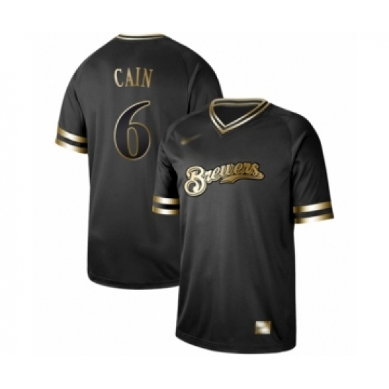 Men's Milwaukee Brewers 6 Lorenzo Cain Authentic Black Gold Fashion Baseball Jersey