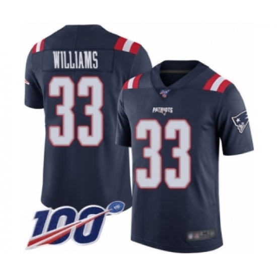 Men's New England Patriots 33 Joejuan Williams Limited Navy Blue Rush Vapor Untouchable 100th Season Football Jersey